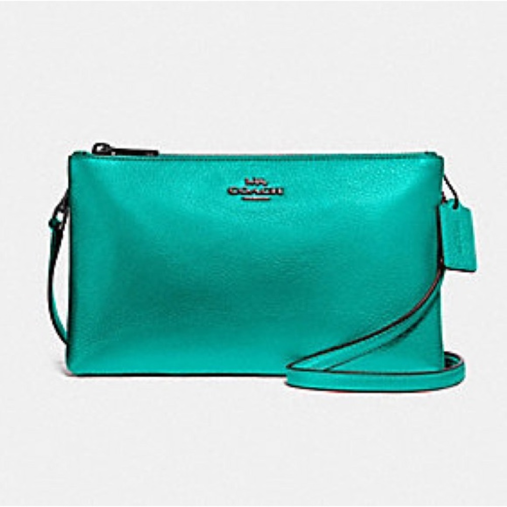 Coach Metallic Teal Pebble Leather Crossbody - Picture 2 of 16